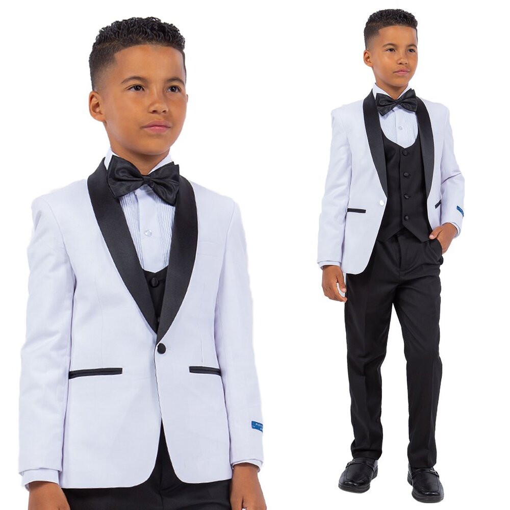 Perry Ellis Boys White Tuxedo Set, Solid 5-Piece Black Shawl Collar